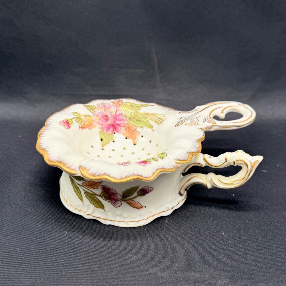 Vintage German Kalik Porcelain Tea Strainer Drip Cup Set Floral Gold Gilt Mark